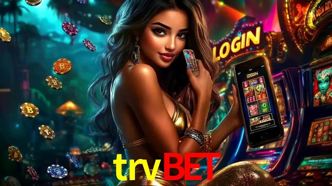 Mulher em um cenário de cassino temático de aventura, mostrando o app de caça-níqueis da trvbet no celular. Fichas de apostas flutuam ao redor.