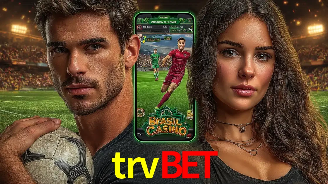 Homem segurando uma bola de futebol e uma mulher ao lado de um smartphone exibindo o jogo de apostas esportivas da trvbet. Faça seu palpite no cassino online.